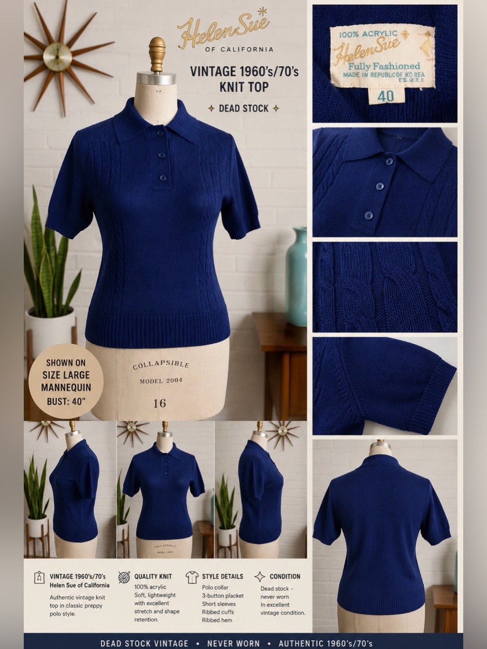 Vintage 1960’s acrylic sweater- blue- polo style collar w/buttons - never worn